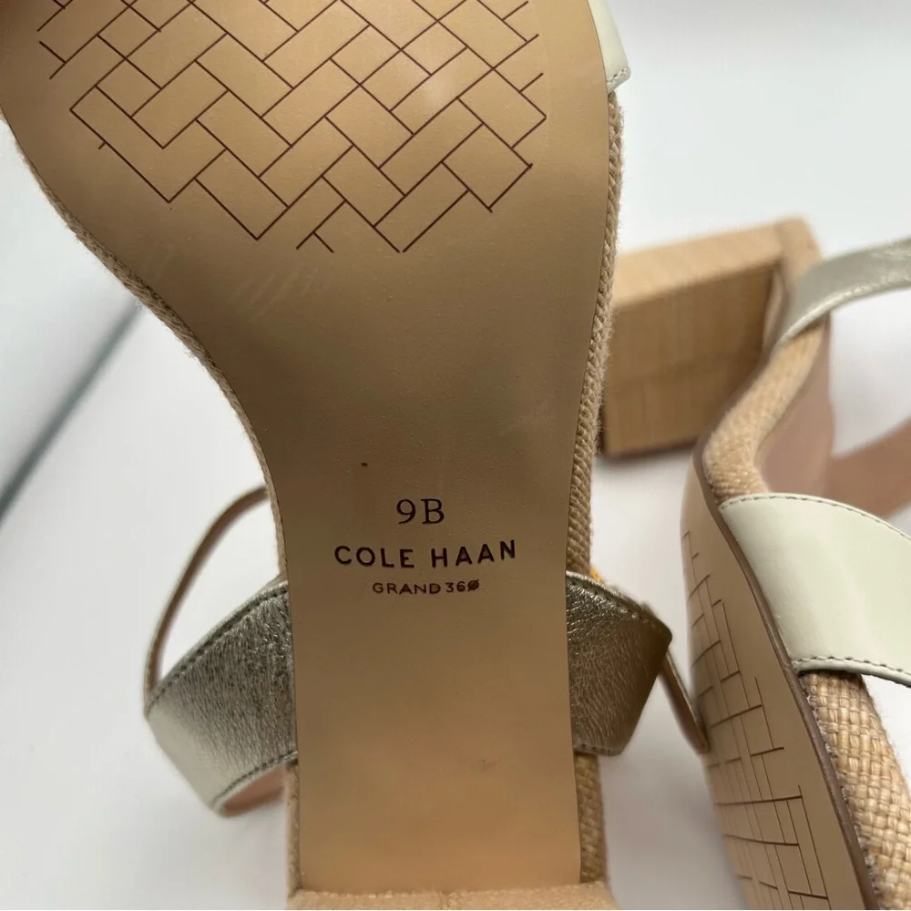New Cole Haan Women’s Josie Block Heeled Sandal, Ivory/Soft Gold 9 B